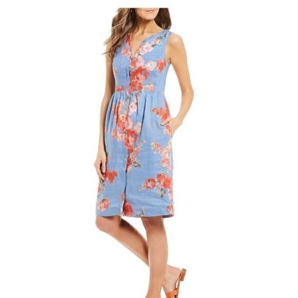 Joules Lisia Floral Print Sleeveless Linen Button Front Dress